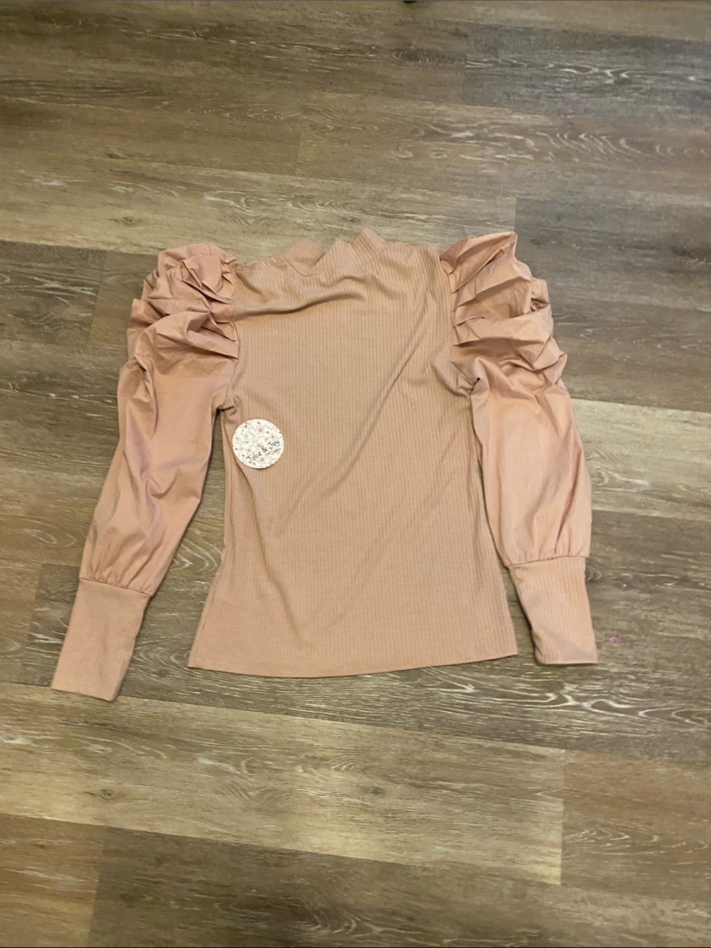 Ribbed Puff-Sleeve Mock Neck Top in Blush Pink - Picture 7 of 7